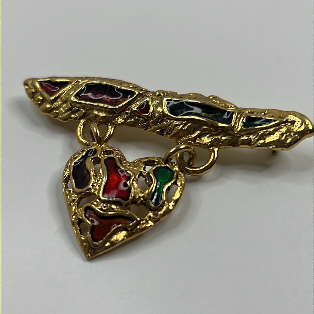 Vintage Antique Gold Tone Enamel Multicolored Heart Brooch